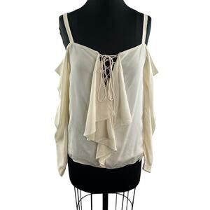 NEW Artelier Nicole Miller Cream Cold Shoulder Blouse Top Lace-Up Neckline Sz S